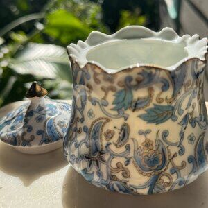 Lefton Blue Paisley Sugar Bowl / Jam Jar with Lid